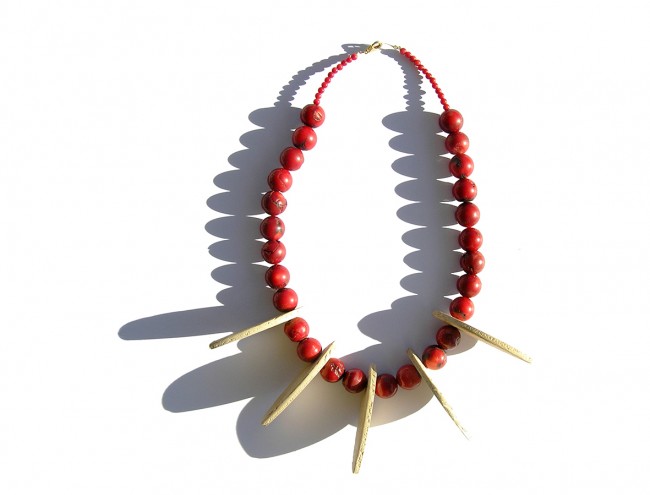 wooden petal red coral necklace