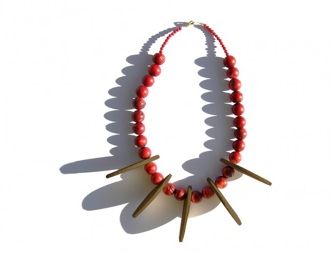 wooden petal red coral necklace