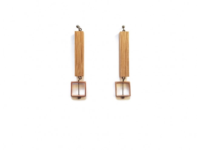 wooden rectangle pink gold earrings