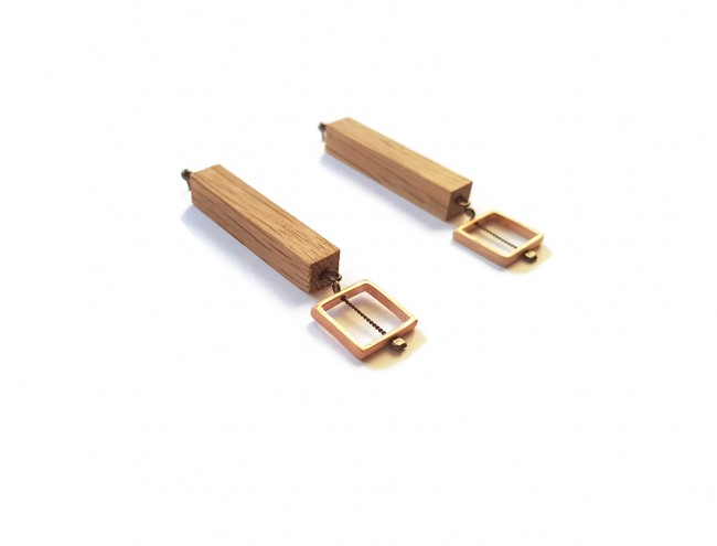 wooden rectangle pink gold earrings