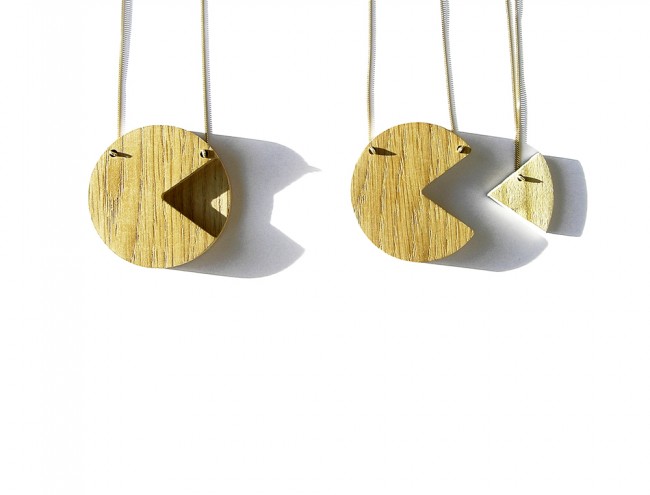 wooden pacman 2 gold necklace