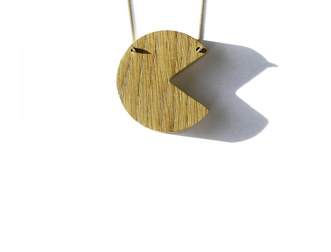 wooden pacman 2 gold necklace