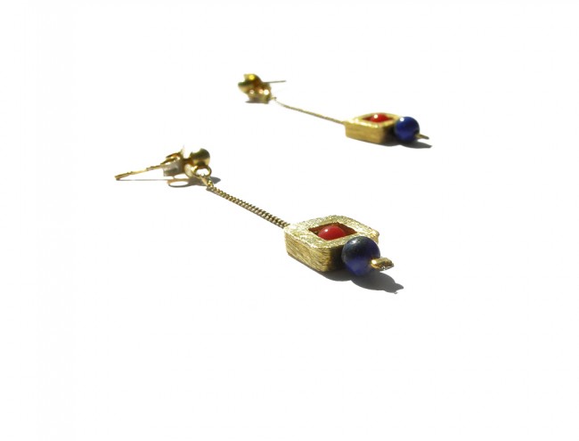 lapis gold square chain earrings