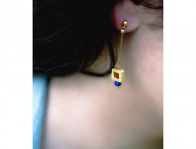 lapis gold square chain earrings