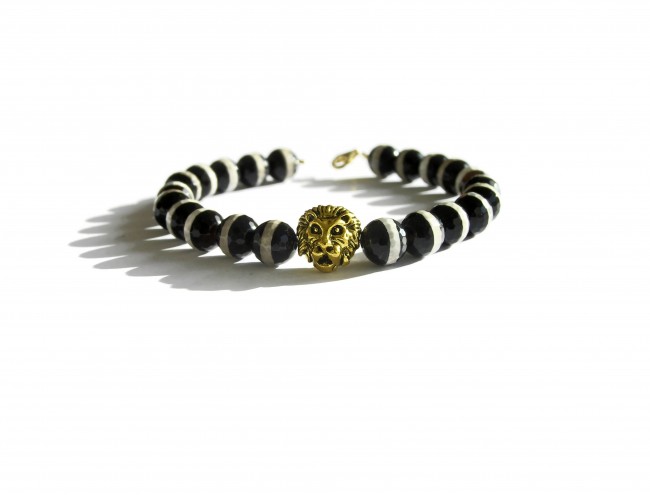 white black agate 14K lion men bracelet