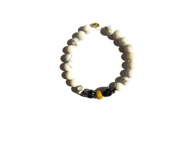 white yellow howlite stainless steel skull men bracelet