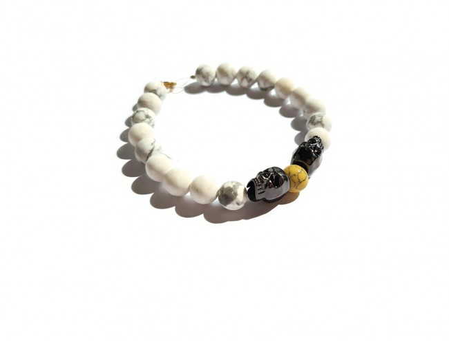 white yellow howlite stainless steel skull men bracelet