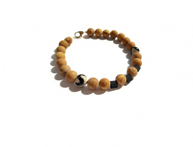 wood jasper white black agate men bracelet