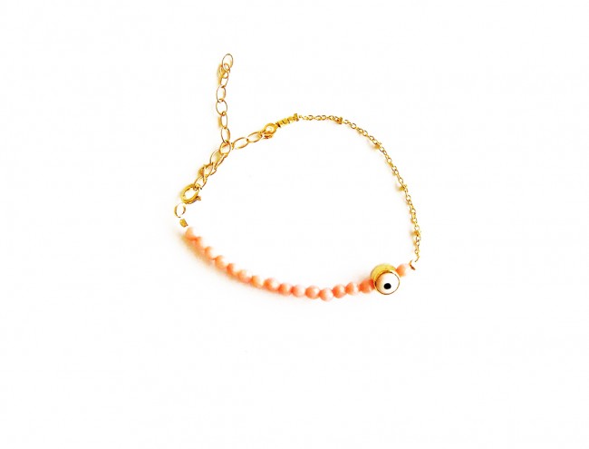 baby pink coral eye charm gold chain bracelet