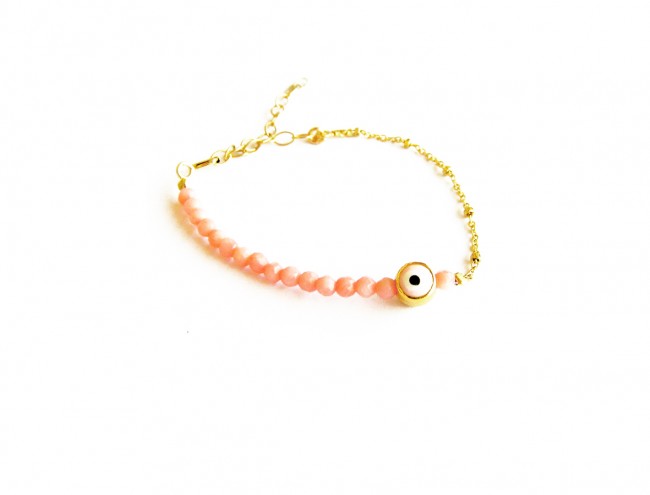 baby pink coral eye charm gold chain bracelet