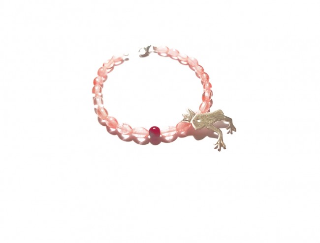 pink quartz, silver frog bracelet