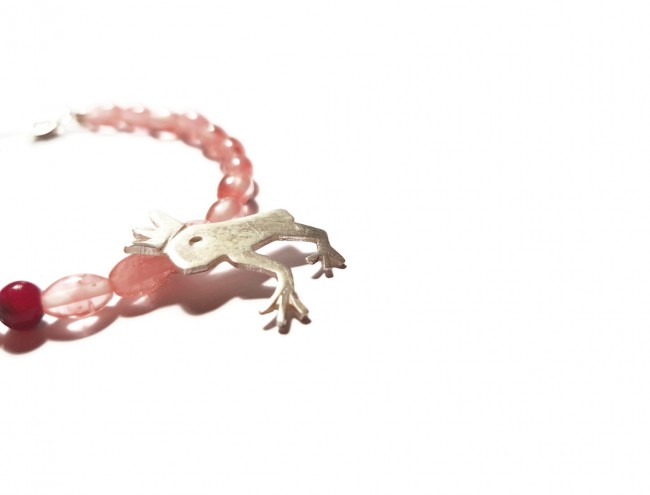 pink quartz, silver frog bracelet